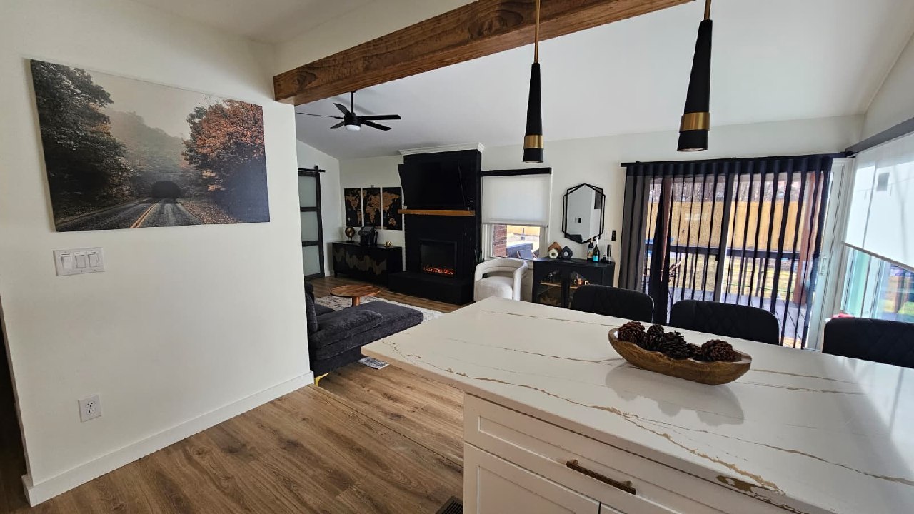 Family room with electric fireplace and barn door